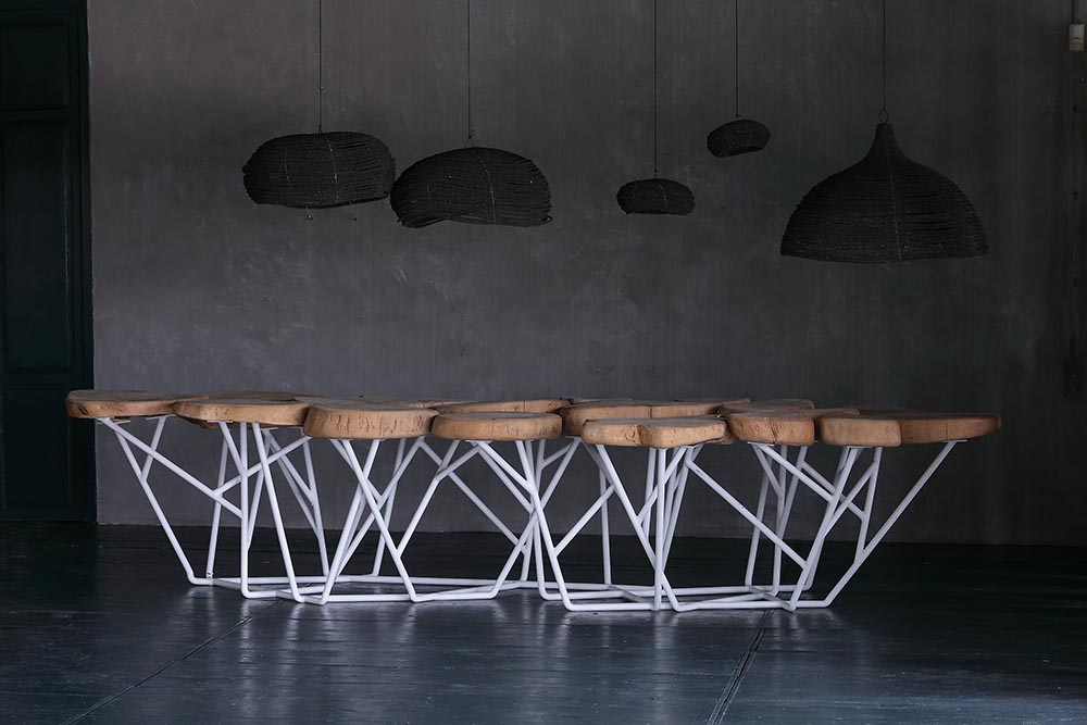 ISLANDS table ,top made with mango wood from Kenya and iron structure 360x110x 78 cm h.